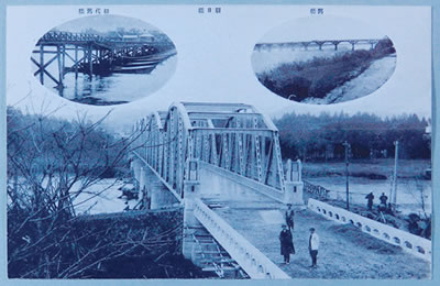 完成当時の朝日橋　絵はがき　朝日橋開通記念  昭和7年12月落成式　（花巻市博物館蔵）